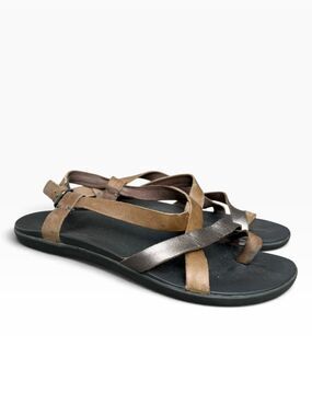 OluKai Upena Strappy Leather Sandals Metallic Accent Brown Black Size 7